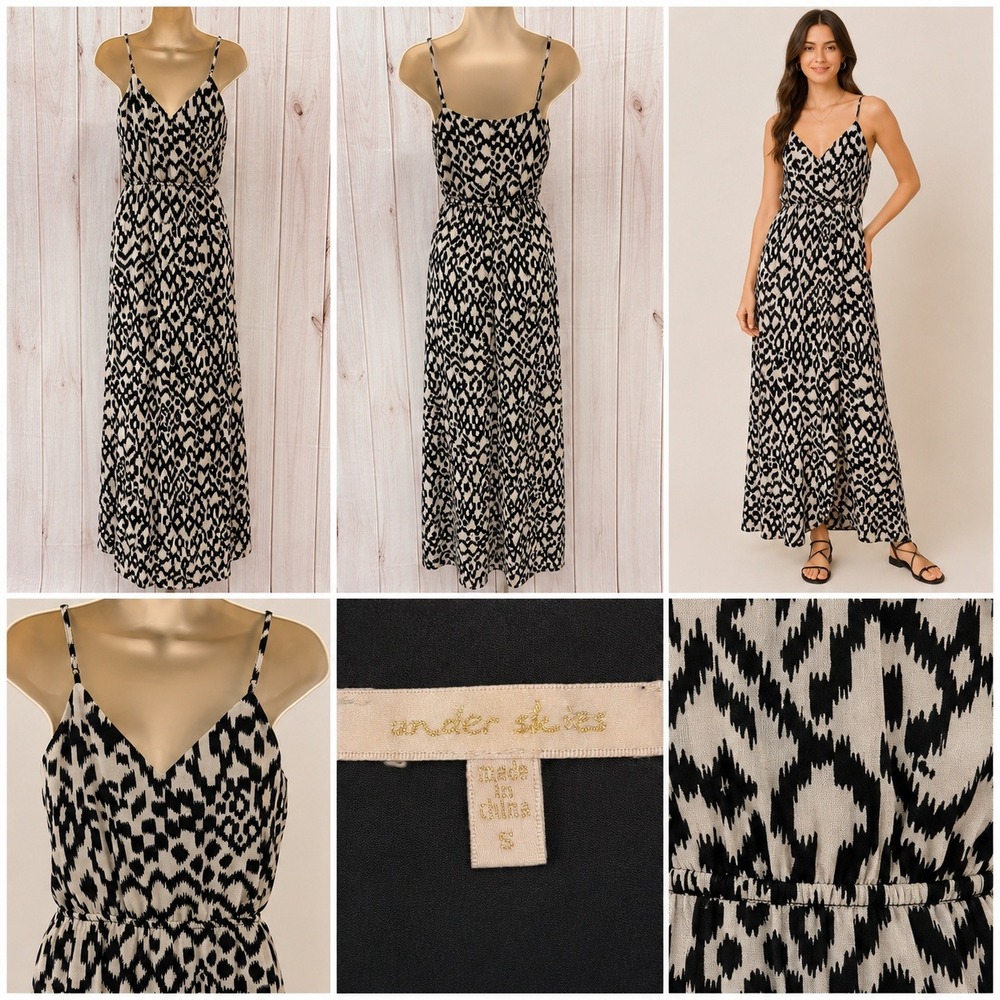 Under Skies Black Cream Ikat Leopard Print V-Neck Maxi Dress Small - Picture 6 of 6